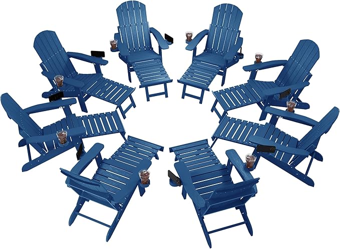 YEFU Adjustable Adirondack Chair with Retractable Ottoman Set of 8,Folding Adirondack Chair with 2 Cup-Holders, Outdoor Chairs with Footrest,Weather Resistant Fire Pit Chairs,for Patio Lawn(Navy)