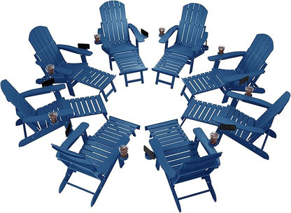 YEFU Adjustable Adirondack Chair with Retractable Ottoman Set of 8,Folding Adirondack Chair with 2 Cup-Holders, Outdoor Chairs with Footrest,Weather Resistant Fire Pit Chairs,for Patio Lawn(Navy)