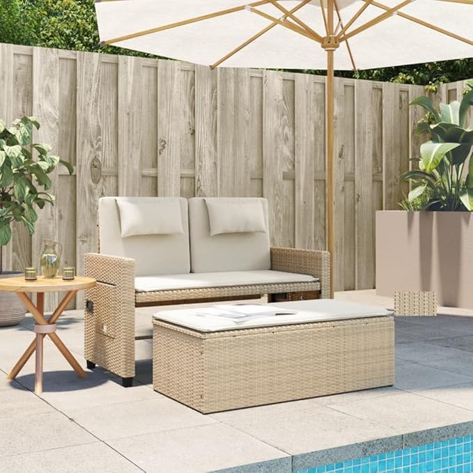 Garden Bench Deck Bench Reclining Patio Bench with Cushions Beige Poly Rattan - Photo 3
