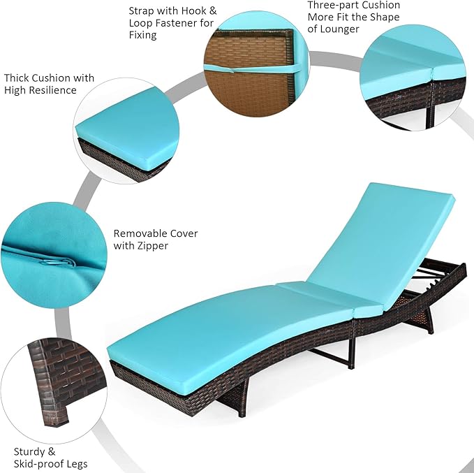 Tangkula Outdoor Folding Chaise Lounge, Rattan Patio Lounge Chair with Removable Thick Cushion, 5 Adjustable Levels - Photo 6