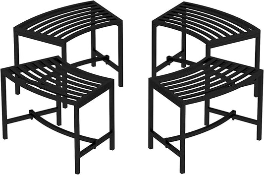 Metal Outdoor Curved Fire Pit Bench Set of 4, Fire Pit Seating Waterproof, Steel Backless Outside Tree Bench for Garden,Patio,Porch,Backyard,Heavy Duty Plant Holder, Style 1, Black