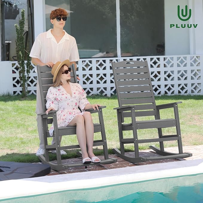 PLUUV Outdoor Rocking Chair Set of 2 with Removable Footboard for Adults, HDPE High Back Patio Rocking Chairs, 330lbs All Weather Porch Rocking Chairs for Outdoor & Indoor -Grey