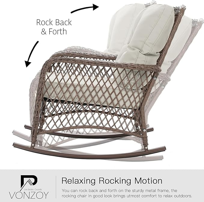 Patio Furniture Set 3 Pieces, Rocking Bistro Set with Thick Cushions, Brown Wicker Outdoor Rocker Chairs and Coffee Table for Porch, Backyard or Garden (Pale White)