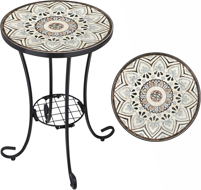 VCUTEKA Outdoor Side Table Mosaic Patio Table Accent Tables Mosaic Tile Top Metal Frame Small End Tables Porch Beach Patio Garden Balcony Brown 14''