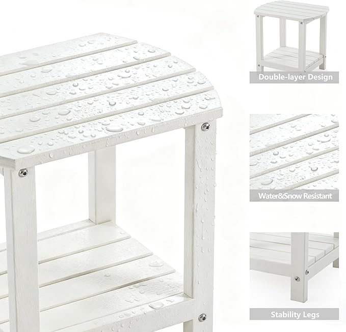 Adirondack Small Outdoor Side Table - Weatherproof HDPE Patio End Table with 2-Tier Storage for Firepit, Balcony, Garden, Poolside or Bathroom (White, Set of 1)