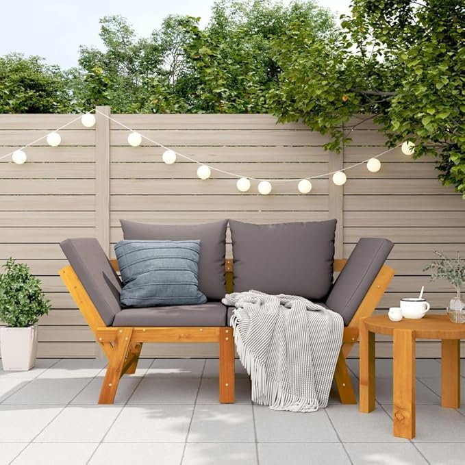 Solid Acacia Wood Garden Bench with Convertible Functionality and Weather-Resistant Cushions, Dark Grey Polyester Medium, 2-in-1 Outdoor Seating for Patio Terrace Balcony