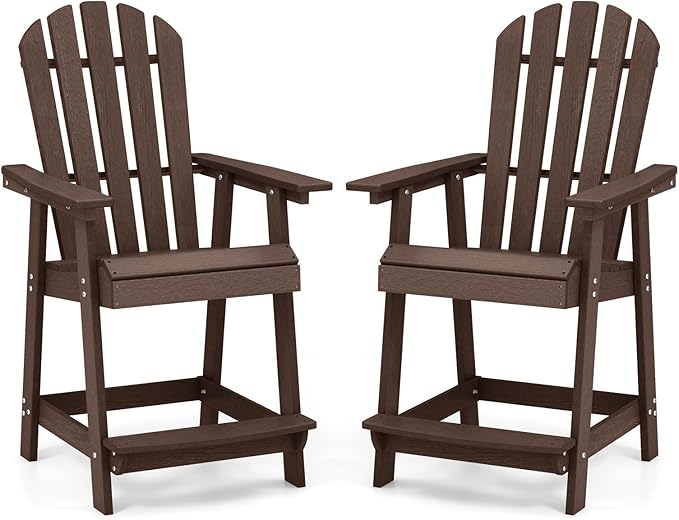 Tangkula Outdoor Bar Stool, HDPE Tall Adirondack Chair with Armrest & Footrest, Weather Resistant 47 Inch Counter Height Barstool Lifeguard Chair for Pool Deck Patio Garden, Balcony Chairs (2, Brown)