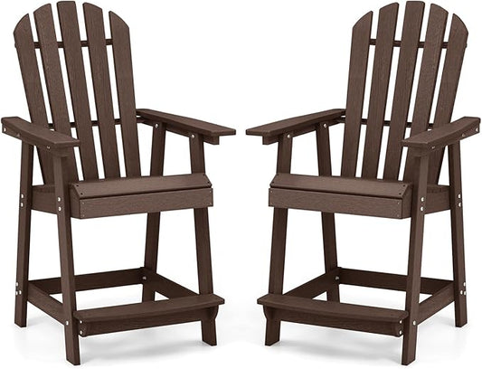Tangkula Outdoor Bar Stool, HDPE Tall Adirondack Chair with Armrest & Footrest, Weather Resistant 47 Inch Counter Height Barstool Lifeguard Chair for Pool Deck Patio Garden, Balcony Chairs (2, Brown)