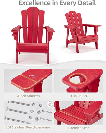 Adirondack Chair - Durable HDPE Poly Lumber All-Weather Resistant, Oversized Balcony Porch Patio Outdoor Chair for Lawn, Backyard, Deck, Garden, Camping - Easy Installation, Red
