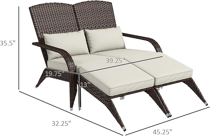 Outsunny Wicker Adirondack Chair for 2 with Cushions & Footrests, PE Rattan Double Chaise Lounge Chair - Photo 7