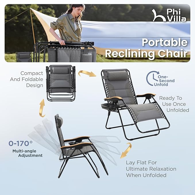 PHI VILLA XXL Oversized Padded Zero Gravity Chair, Foldable Patio Recliner - Photo 6