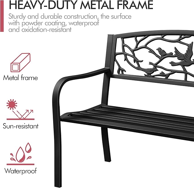 Yaheetech Outdoor Garden Bench Patio Furniture Chair Outdoor with Vintage Bird Pattern Backrest, Slatted Seat, Antique Metal Bench for Yard & Porch & Park, Black