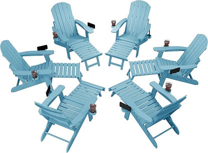 YEFU Adjustable Adirondack Chair with Retractable Ottoman Set of 6,Folding Adirondack Chair with 2 Cup-Holders, Outdoor Chairs with Footrest,Weather Resistant Fire Pit Chairs,for Patio Lawn(Blue)
