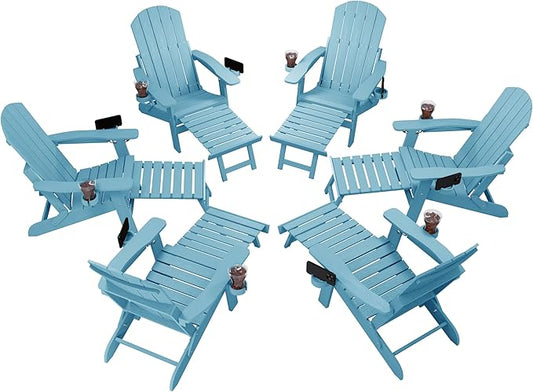 YEFU Adjustable Adirondack Chair with Retractable Ottoman Set of 6,Folding Adirondack Chair with 2 Cup-Holders, Outdoor Chairs with Footrest,Weather Resistant Fire Pit Chairs,for Patio Lawn(Blue)