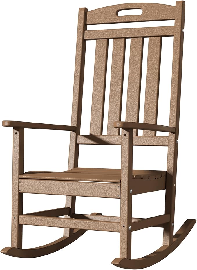 Outdoor Rocking Chair, All-Weather Resistant Poly Lumber Rocker Chair Outdoor, High Back Plastic Patio Rocking Chairs for Outside Porch Rocker Garden Lawn, Weather Wood