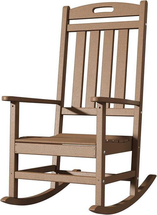 Outdoor Rocking Chair, All-Weather Resistant Poly Lumber Rocker Chair Outdoor, High Back Plastic Patio Rocking Chairs for Outside Porch Rocker Garden Lawn, Weather Wood