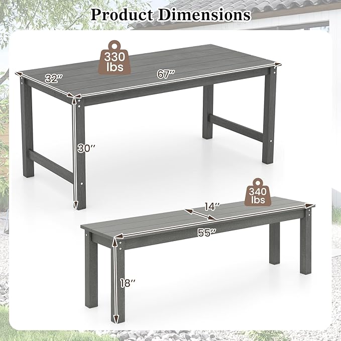 Tangkula 3 Pieces Outdoor HDPE Dining Table Set with 2 Benches - Photo 3