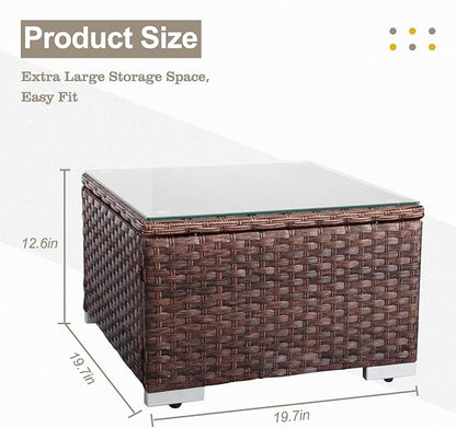 DIMAR GARDEN Outdoor Coffee Table Wicker Patio Side Table with Glass Top,19.7in Mixed Brown
