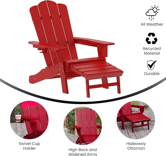 Flash Furniture Newport Poly Resin Adirondack Chair with Cup Holder and Pull Out Ottoman, All-Weather Poly Resin Indoor/Outdoor Lounge Chair, Red