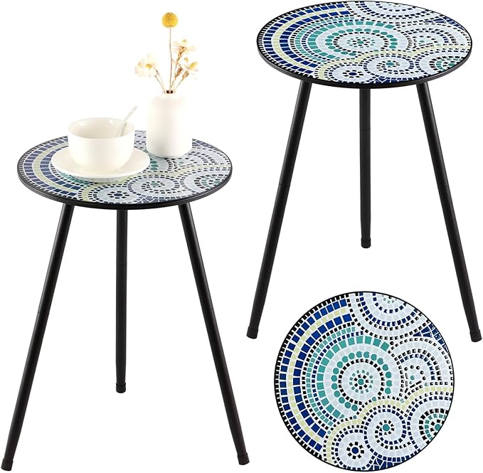 Party Zealot 2 Packs Metal Mosaic Round Side Tables 13.4" Small Outdoor Patio Round Accent Coffee Tables Indoor Corner - Photo 1