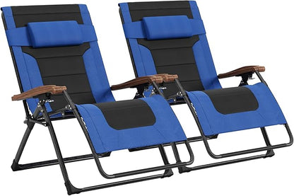 PURPLE LEAF Extra Wide Outdoor Reclining Chair Set of 2 Patio Zero Gravity Chaise Lounge Folding Chair with Quilted Cushion Adjustable Headrest for Lawn Camping Beach Pool Navy Blue and Black