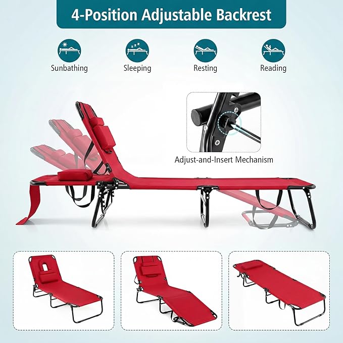 GYMAX Tanning Chair, 330lbs Beach Lounge Chair with Face Hole, Detachable Washable Pillow & Carry Strap, Adjustable Folding Chaise Lounge, Layout Chair for Outside, Patio, Poolside, Lawn (2, Red)