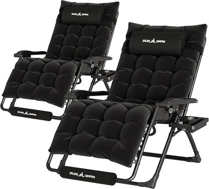 UDPATIO Oversized Zero Gravity Chair Set of 2, 29In XL Patio Reclining Chair with Cushion, Outdoor Folding Recliner with Pillows|Cup Holder|Foot Rest|Padded Headrest, Black, Support 500LB