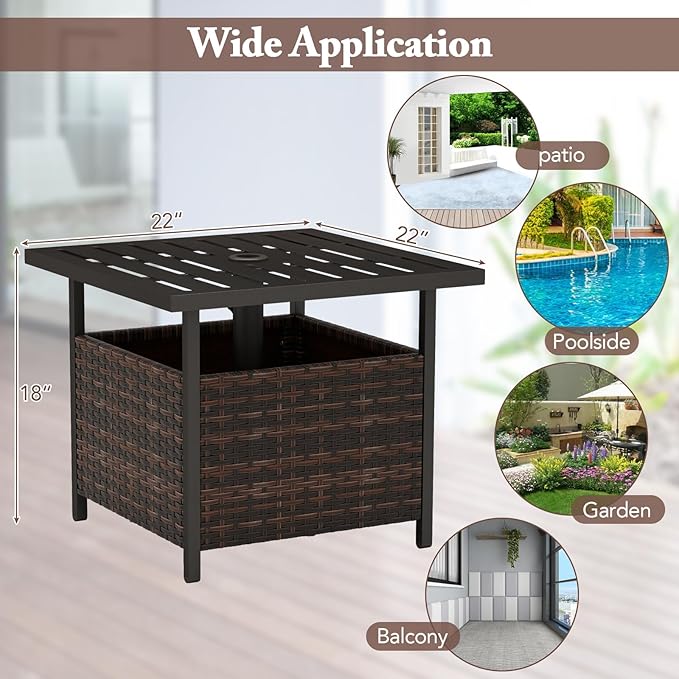 Giantex Outdoor Side Table with Umbrella Hole, 22" Wicker Umbrella Stand Holder and Base, Weather-Resistant PE Rattan Patio End Table for Deck Garden Poolside (Metal Tabletop, Brown)