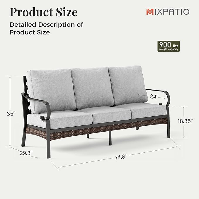 Patio Furniture Sofa, 3-Seat Patio Sofa Steel Frame Outdoor Sectional Couch with Deep Seating and 5.75” Cushions for - Photo 2