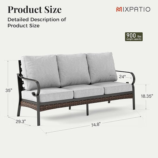 Patio Furniture Sofa, 3-Seat Patio Sofa Steel Frame Outdoor Sectional Couch with Deep Seating and 5.75” Cushions for Lawn Backyard Porch Deck, Light Grey