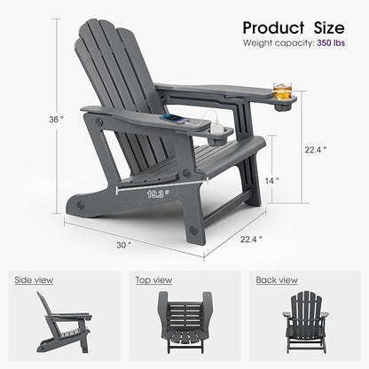 PURPLE LEAF Adirondack Chair Set of 4 HDPE All-Weather Outdoor Fire Pit Chair with 24.6" Oversized Seat Wood-Textured Patio Adirondack Chair with Dual Cup Holders for Garden Deck Backyard, Gray