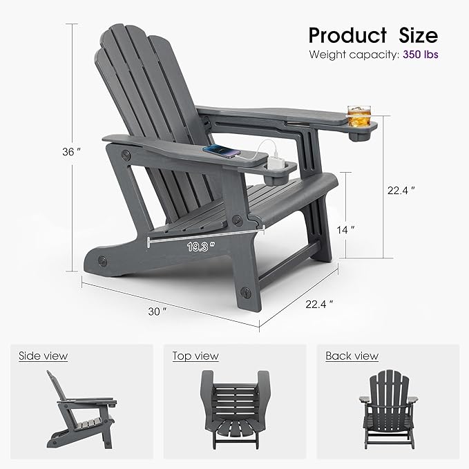 PURPLE LEAF Adirondack Chair with 24.6" Oversized Seat and Dual Cup Holders All Weather Wood-Like HDPE Outdoor Fire Pit Chair for Patio Garden Deck Backyard Porch, Gray