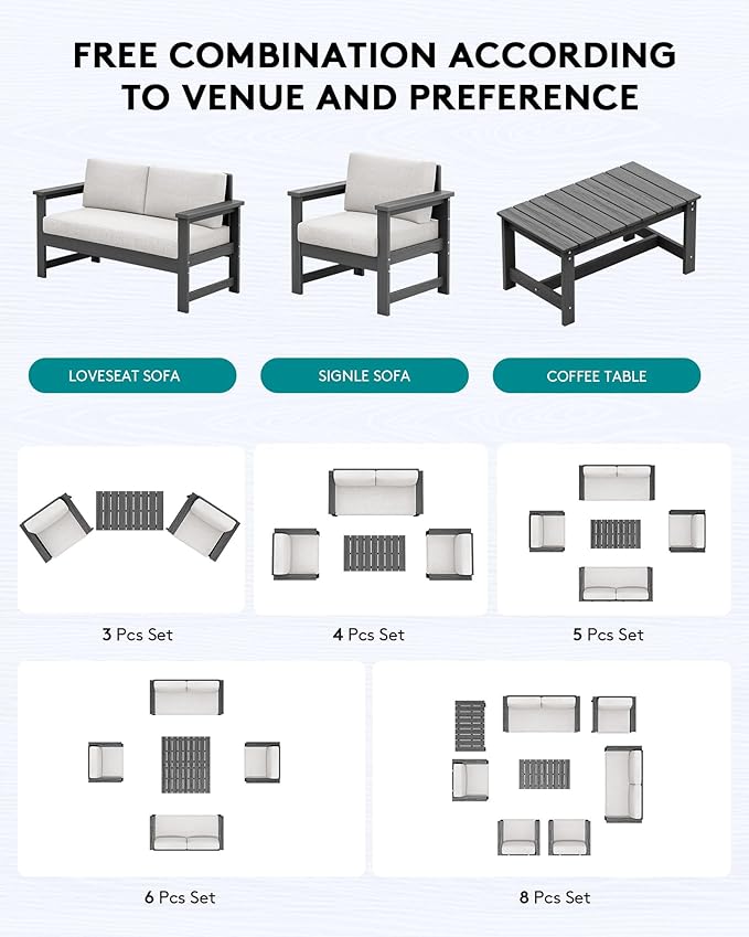 SERWALL 3 Pieces HDPE Outdoor Sofa Bistro Set with Cushions, Outdoor Furniture Sofa Sets with Coffee Table and Cushions - Photo 4