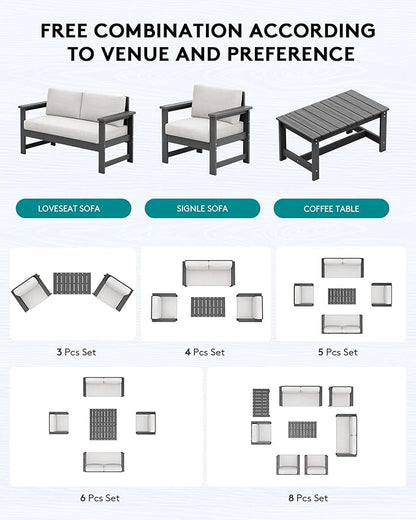 SERWALL 3 Pieces HDPE Outdoor Sofa Bistro Set with Cushions, Outdoor Furniture Sofa Sets with Coffee Table and Cushions, All Weather Conversation Social Set, Grey Frame with Khaki Cushion