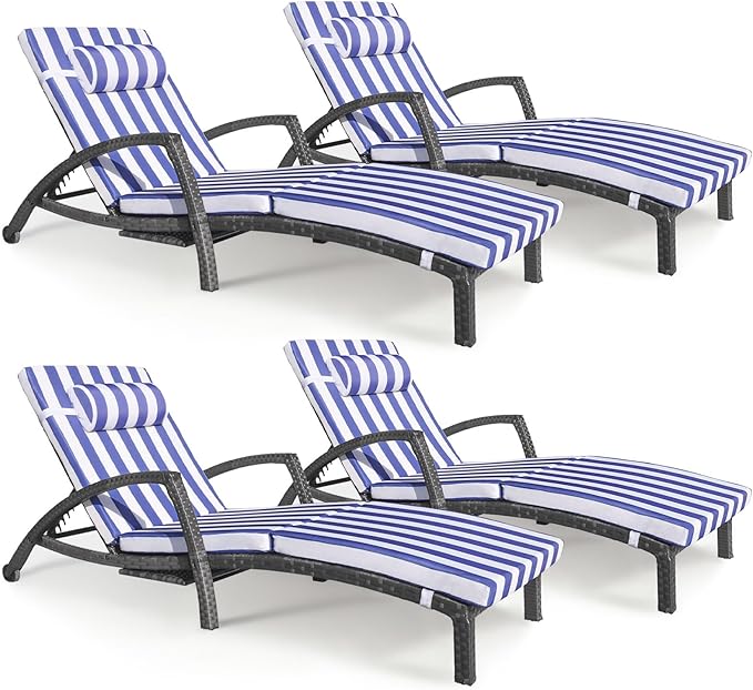 Chaise Lounge Chairs Outdoor Set of 4, Comfy Outside Wicker Patio Pool Lounge Chair w/ 5 Adjustable Back Angle - Photo 1