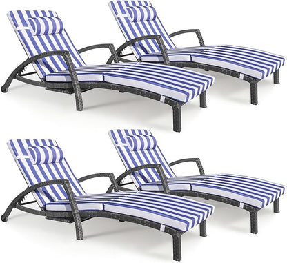 Chaise Lounge Chairs Outdoor Set of 4, Comfy Outside Wicker Patio Pool Lounge Chair w/ 5 Adjustable Back Angle, Cup Holder, Thicken Cushion