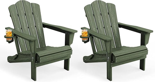 KINGYES Folding Adirondack Chair Set of 2, HDPE All-Weather Patio Chairs with Cup Holder, Wooden TextuAruba Fire Pit Chairs for Poolside, Backyard, Deck, Avocado