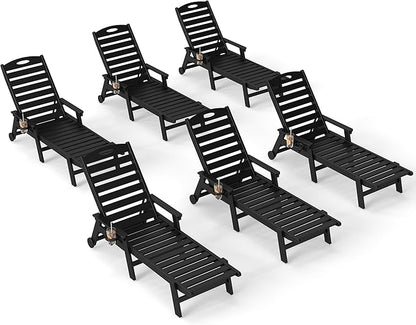 Domi Outdoor Chaise Lounge Chairs Set of 6, HDPE All-Weather Pool Loungers with 5-Position Adjustable Reclining Backrest & Rolling Wheels for Poolside Sunbathing Tanning, Black