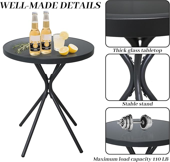 Outdoor Coffee Table with Tempered Glass Top - 23" Metal Bistro Table, All-Weather Steel Accent Table for Patio, Garden & Poolside, Small Space Side Table