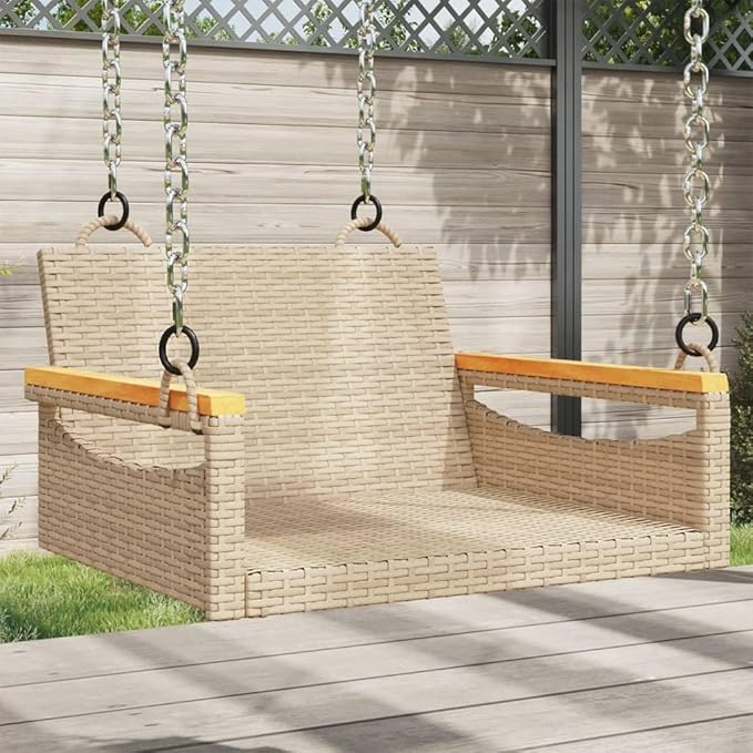 Patio Swing Bench Beige Single Seater Outdoor Poly Rattan Swing Chair with Powder-Coated Steel Frame for Garden Balcony Relaxation
