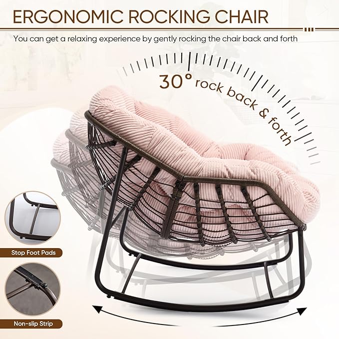 SLEERWAY Large Indoor Rocking Chair Set of 2, Oversized Rocking Papasan Chair with Thick Cushion and Frame, Comfy Corduroy Rocker Wicker Egg Chairs Lounge Reading Chair for Living Room, Bedroom, Pink
