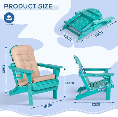 Adirondack Chair with Cushion & Cup Holder, HDPE Folding Adirondack Chair with Wood-Like Grain Outdoor Fire Pit Chairs for Patio/Porch/Swimming Pool/Camping (Aruba)
