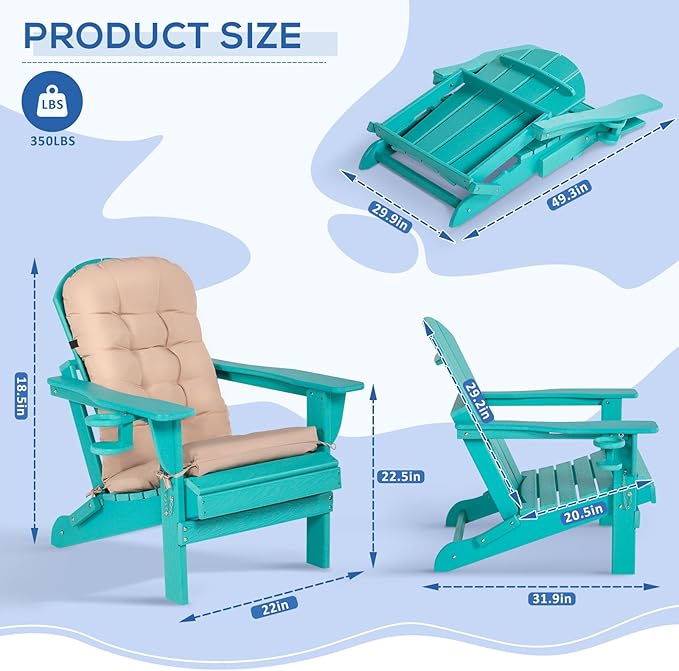 Adirondack Chair with Cushion & Cup Holder, HDPE Folding Adirondack Chair with Wood-Like Grain Outdoor Fire Pit Chairs for Patio/Porch/Swimming Pool/Camping