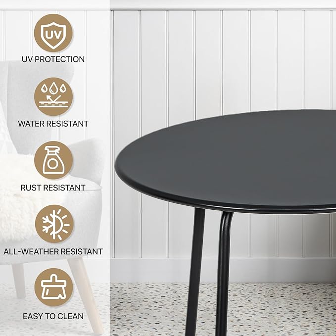 MoNiBloom 24-Inch Black Outdoor Patio Side Table, Indoor Small Round Coffee Table, Steel Frame End Table for Garden Balcony Porch Backyard Lawn Deck Yard Poolside Outside Weather Resistant