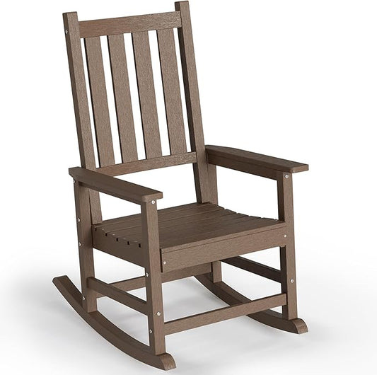 Outdoor Rocking Chair, HDPE Rocking Chairs with High Backs, Weather & Fade Resistant Porch Rockers for Patio, Deck & Porch - Brown