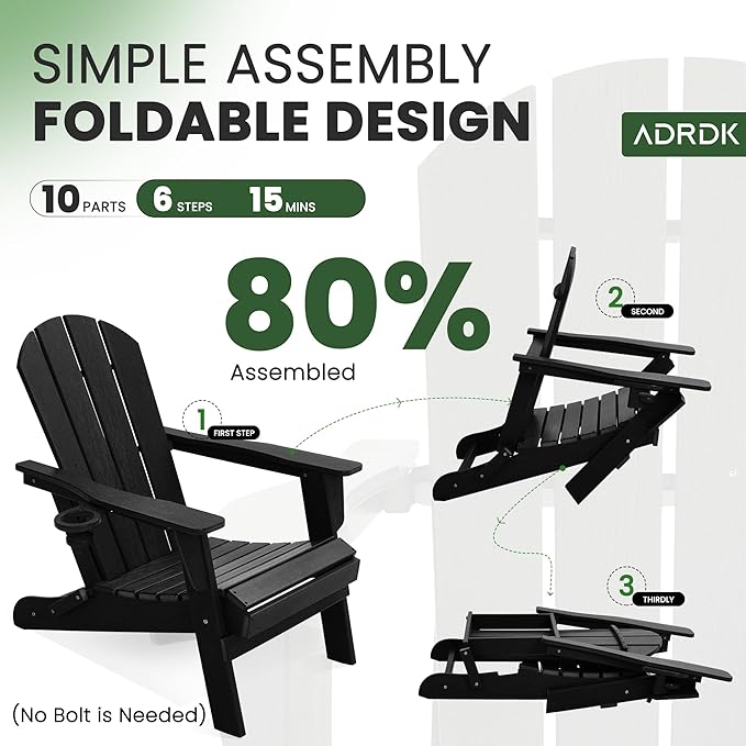 Folding Adirondack Chair with Cup Holder, HDPE All-Weather Folding Patio Chair, Outdoor Patio Adirondack Chair for Lawn Porch Garden Backyard Deck Fire Pit, Black