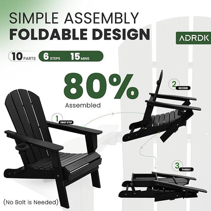 Folding Adirondack Chair with Cup Holder, HDPE All-Weather Folding Patio Chair, Outdoor Patio Adirondack Chair for Lawn Porch Garden Backyard Deck Fire Pit, Black