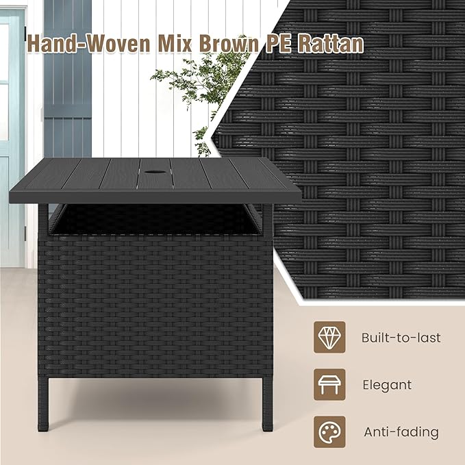 Tangkula Outdoor Wicker Table, Rattan Coffee Table with Umbrella Insert Hole, HDPE Tabletop & Sturdy Metal Frame, Patio Umbrella Side Table Stand for Backyard, Garden, Poolside (Black)