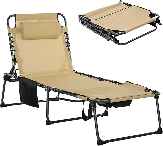 Folding Chaise Lounge Chair,5-Level Adjustable Reclining Back with Reading Face Hole, Outdoor Sun Tanning Chair for - Photo 1