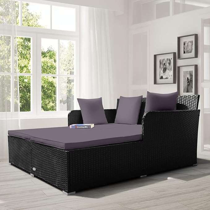 COSTWAY Outdoor Patio Rattan Daybed, Sponge Cushioned Loveseat Sofa with 4 Pillows, Wicker Furniture Sunbed for Balcony - Photo 4